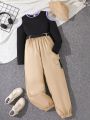 SHEIN Kids Nujoom Girls' Cool Off Shoulder T-shirt, Cargo Pants And Fisherman Hat 3pcs Set