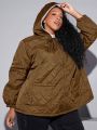 SHEIN CURVE+ Plus Dual Pocket Fuzzy Lined Hooded Quilted Coat