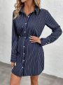 SHEIN LUNE Striped Buttoned Casual Long Sleeve Dress