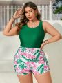 SHEIN Swim Vcay Tropical Plant Printed Plus Size One-piece Swimsuit