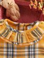 Baby Girl Ladylike Cute Yellow Plaid Doll Collar Bubble Short Sleeve Dress For Summer