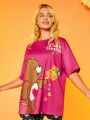 SHEIN X Care Bears Cartoon & Letter Graphic Drop Shoulder Tee