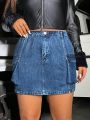 Plus Denim Effect Flap Pocket Side Cargo Skirt