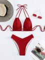 SHEIN Swim Summer Beach Solid Halter Triangle Bikini Set