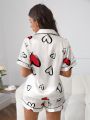 Heart Print Contrast Piping Satin PJ Set