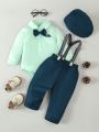 Infant Boys' Long Sleeve Romper & Overalls Set With Bowtie And Hat