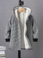 SHEIN Kids FANZEY Young Boy Houndstooth Print Teddy Lined Hooded Coat