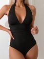 SHEIN Swim Chicsea Solid Color One-piece Swimsuit With Open Back