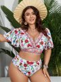 SHEIN Swim Vcay Plus Size Women'S Butterfly Sleeve Floral Printed Swimsuit