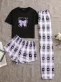 Bow & Letter Graphic Tee & Plaid Print Shorts & Pants PJ Set