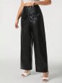 Sara Cennamo Plus Zip Fly Flap Detail PU Leather Wide Leg Pants