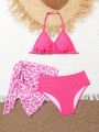 Girls' Leopard Print Halter Neck Swimsuit Set