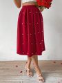 SHEIN Privé Wine Red Pearl Decor A-Line Skirt For Women