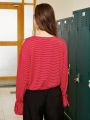 Street Sport Striped Off Shoulder Bell Sleeve Sports T-Shirt