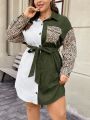 SHEIN LUNE Women'S Leopard Patchwork Belted Plus Size Dress