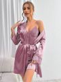 Women's Lace Detailing Cami Dress And Belted Robe Pajama Set