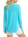 Women's Split Hem Sun Protection Long Sleeve T-shirt With Collar/light Blue