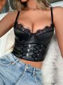 Contrast Lace Ring Detail PU Leather Underwire Bra