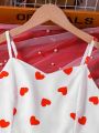 Girls' Heart Pattern Printed Mesh Splice Cami Dress