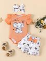 Infant Girls' Letter & Little Elephant Printed Romper And Butterfly Printed Shorts Set