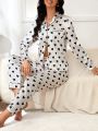 Heart Print Contrast Piping Satin PJ Set