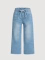 SHEIN Young Girls' Light Blue Elastic Waist Ruffle Fringe Hem Distressed Jeans For Spring/Summer