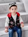 SHEIN Baby Boys' Cartoon Letter Print Hooded Baseball Jacket With Contrast Color