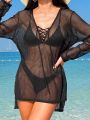 SHEIN Swim Vcay Women's Long Sleeve Fishnet Sheer Wrap Top With Tied Straps