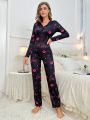 Lip & Heart Pattern Long Sleeve Long Pants Sleepwear Jumpsuit