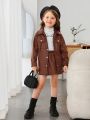 SHEIN Young Girl Flap Pocket Drop Shoulder PU Leather Coat