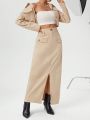 SHEIN Essnce Women'S Lapel Collar Coat & Slit Hem Skirt Two Piece Set