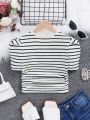 SHEIN Kids HYPEME Girls' Striped Knitted Short Sleeve T-Shirt For Daily Wear And Street Style