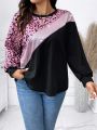 SHEIN Essnce Plus Size Leopard Pattern Colorblock Shiny Panel Sweatshirt