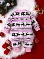 Baby Girl Christmas Print Button Front Baseball Collar Jumpsuit