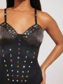 Asavvy Mixed Media Rhinestone Cami Bodysuit