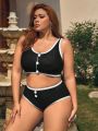 SHEIN Leisure Plus Size Color Block Bikini Swimsuit Set With Edging & Button Detail