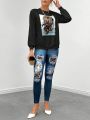 Women's Character Print Sweatshirt And Leopard Print Leggings Set