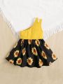 SHEIN Baby One Shoulder Sunflower Print Dress