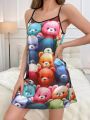 Women'S Cartoon Bear Printed Spaghetti Strap Sleep Dress