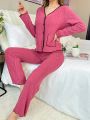 Women's Ribbed Long Sleeve Top And Pants Home Clothing Set