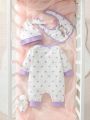 Newborn Baby Girl Unicorn Print Contrast Binding Jumpsuit & Hat & Bib