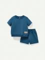 Cozy Cub 4pcs Baby Boys' Solid Color Decorative Woven Label Short Sleeve Pullover Top And Shorts Set