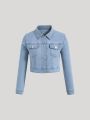 Teen Girls' Basic Casual Comfortable Water Washed Light Blue Stretch Denim Jacket, Daily Outfit