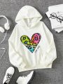 Tween Girl Heart & Letter Graphic Hooded Sweatshirt