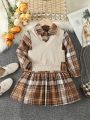 SHEIN Kids QTFun Girl'S Fake Tie Plaid Shirt Dress And V-Neck Vest Two-Piece Set