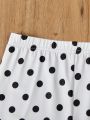 SHEIN Kids EVRYDAY Teen Girls' Knitted Solid Color Polka Dot Print Shorts Set