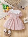 Baby Girl'S Peter Pan Collar Pink Classic Plaid Dress, Perfect For Casual Daily Wear In Spring And Summer