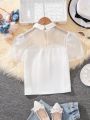 SHEIN Kids CHARMNG Older Girl's Woven And Mesh Lapel Casual Shirt With Bow Decoration