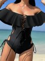 SHEIN Swim BAE Off Shoulder Solid Color One-Piece Swimsuit With Straps