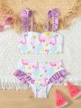 Young Girl Flamingo & Fruit Printed Swimsuit Set